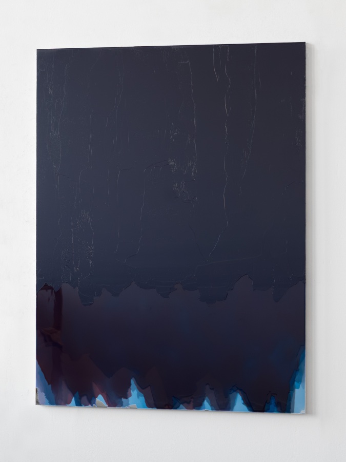 Raymund Kaiser, BLD-ASF4 (100825), 2025; Ölfarbe, Lack, Spiegelfolie, Aluminium, 115 x 87 cm